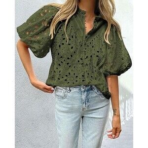 Pretty Garden NWOT eyelet button up tunic top Size XL green puff sleeves Boho